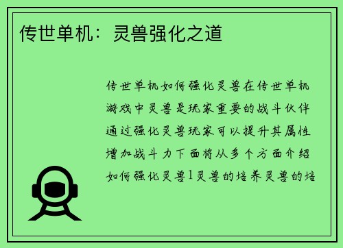 传世单机：灵兽强化之道